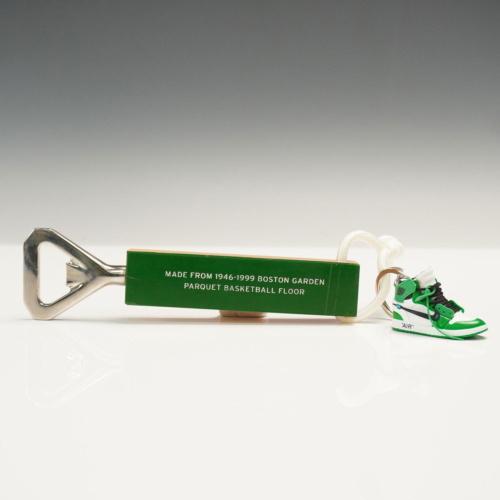Boston Garden Floor Bottle Opener with Off-White Air Jordan Keychain (1 of 5)