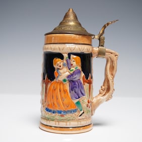 Vintage Japanese Pottery Beer Stein with Dancing Couple