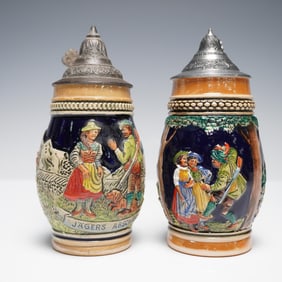 2pc German Pottery Beer Steins with Pewter Lids