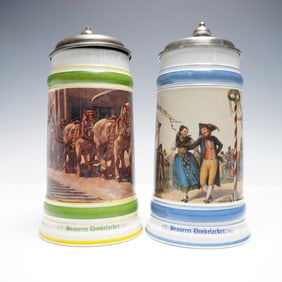 2pc Sahm Brauerei Dinkelacker German Beer Steins with Pewter Lids
