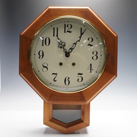Vintage Octagonal Wooden Regulator Wall Clock with Pendulum and Key