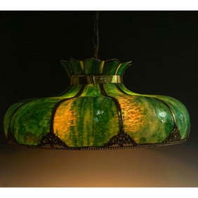 Vintage Green Slag Glass Hanging Lamp With Gold-Tone Accents