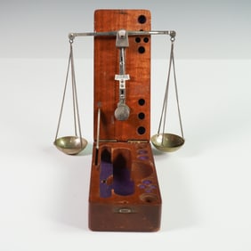 Antique German Travel Pocket Balance Scale in Wood Case