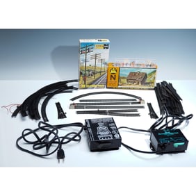 51pc Model Railroad Accessories with Track, Buildings & Power Packs