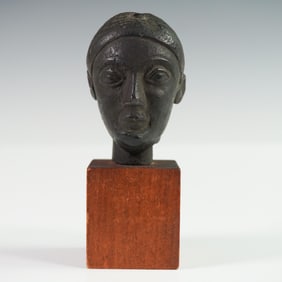 Black Painted Resin Head Sculpture on Wooden Base, Signed Alma Studio
