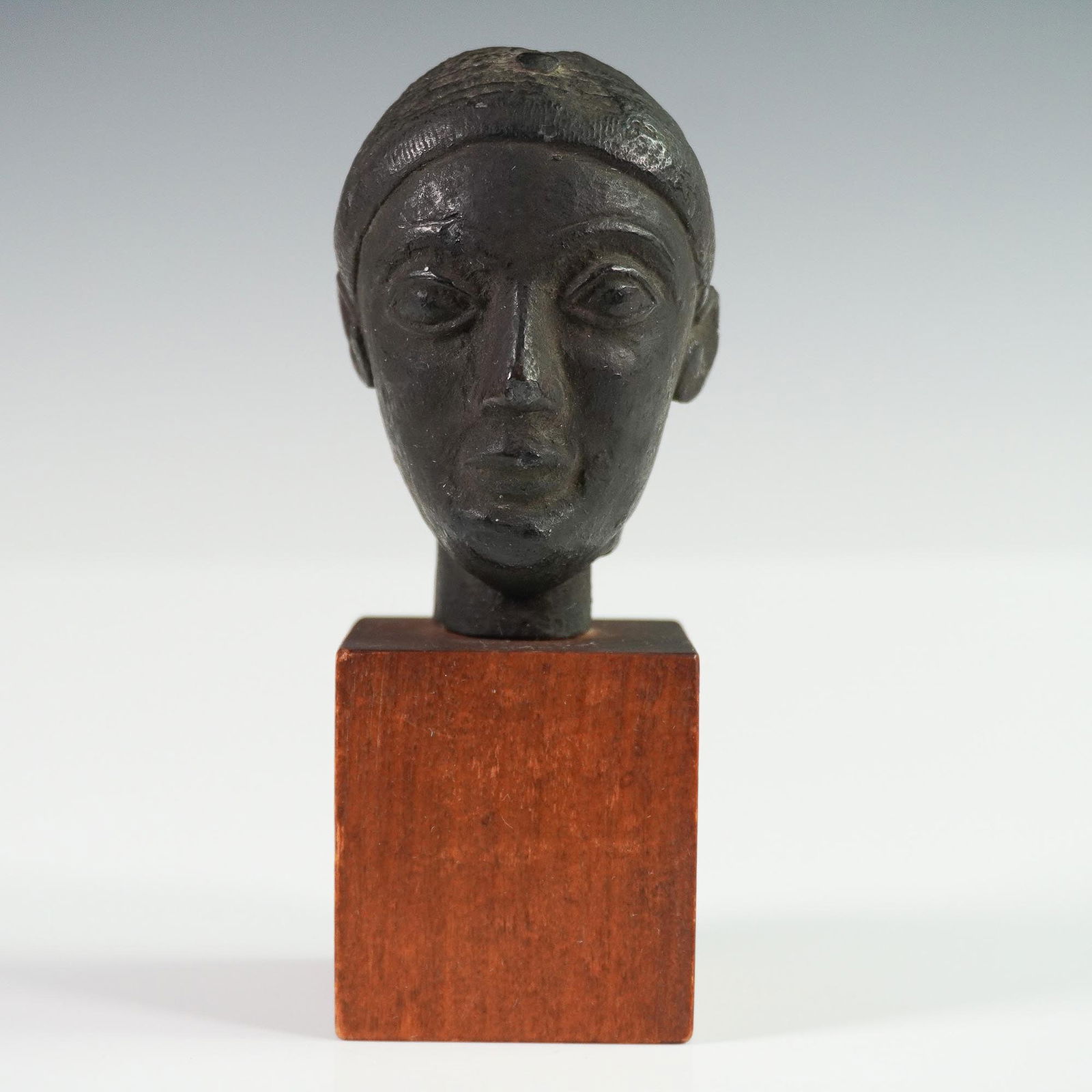 Black Painted Resin Head Sculpture on Wooden Base, Signed Alma Studio (1 of 4)