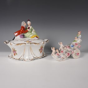2pc Occupied Japan Porcelain Lidded Dish and Shoe Planter