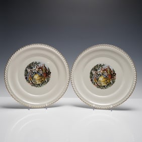 2pc The Hacker Pottery Plates, 22KT Gold Rim Courting Scene