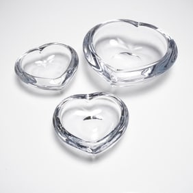 3pc Orrefors Sweden Crystal Heart Dishes