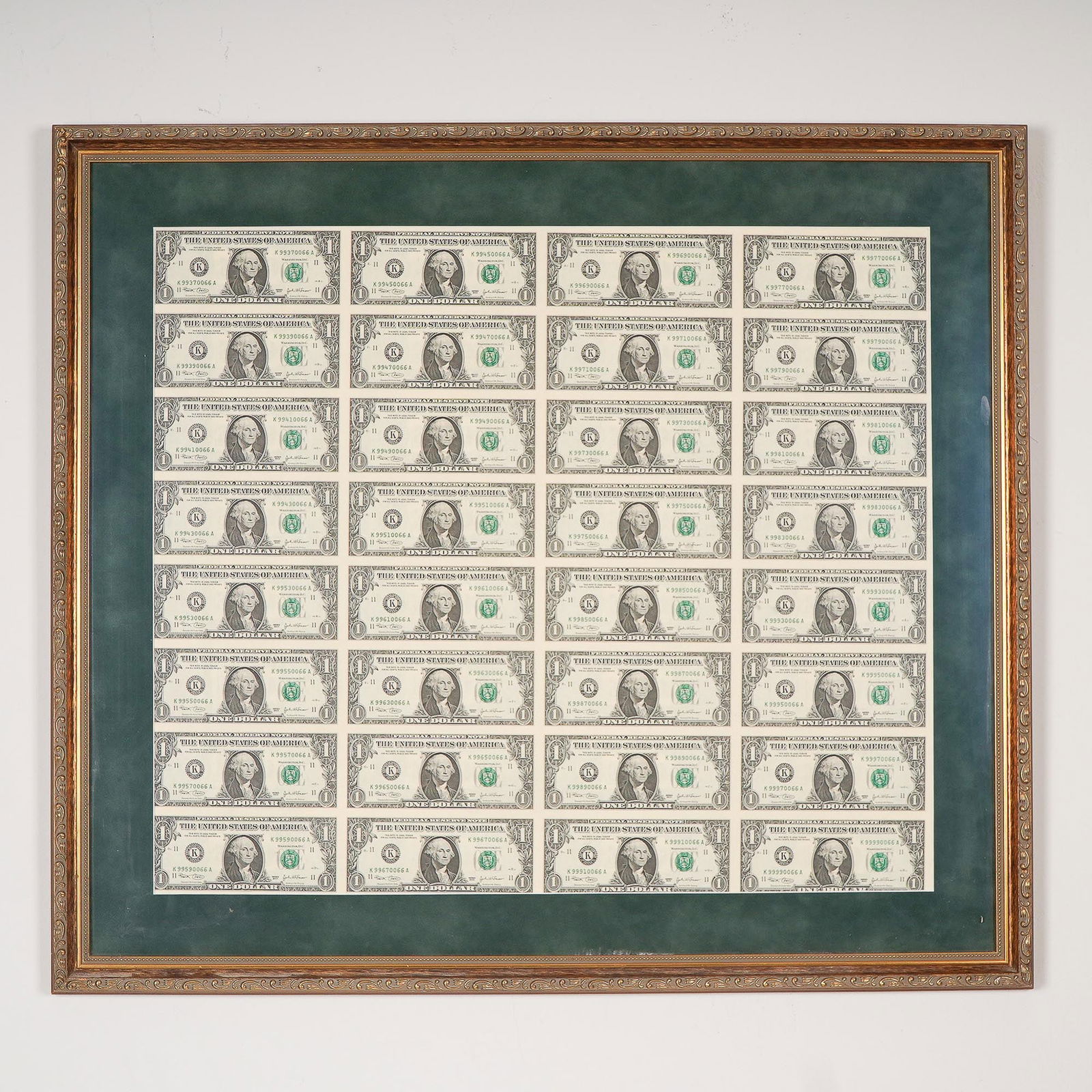 Framed 2003 Uncut Sheet of Thirty-Two One Dollar Federal Reserve Notes (1 of 3)