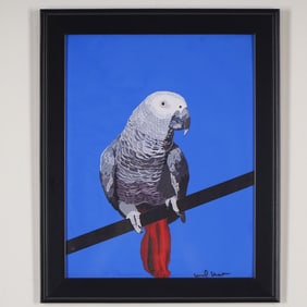 Hand-Signed Pop Art Color Print, African Grey Parrot on Blue Background
