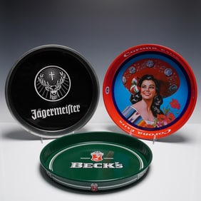 Group of 3 Branded Metal Bar Trays: Jagermeister, Corona Extra, & Beck's