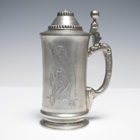 Mullingar Pewter Tankard, Lidded Golf Scene Design