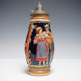 German 2-Liter Relief Beer Stein with Pewter Lid