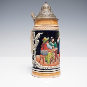 German Beer Stein, Tavern Scene with Pewter Lid