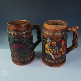 2pc Oversized Vintage German Style Relief Beer Steins