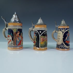 3pc German Beer Steins with Pewter Lids