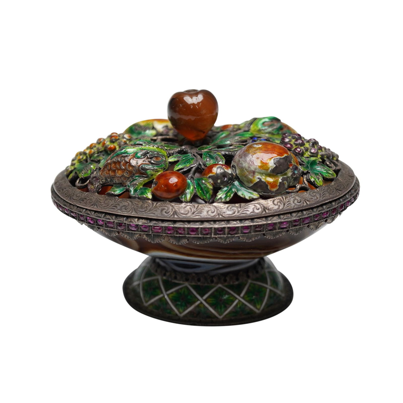 Antique 19th C Austrian Solid Silver, Enamel & Agate Lidded Dish (1 of 6)