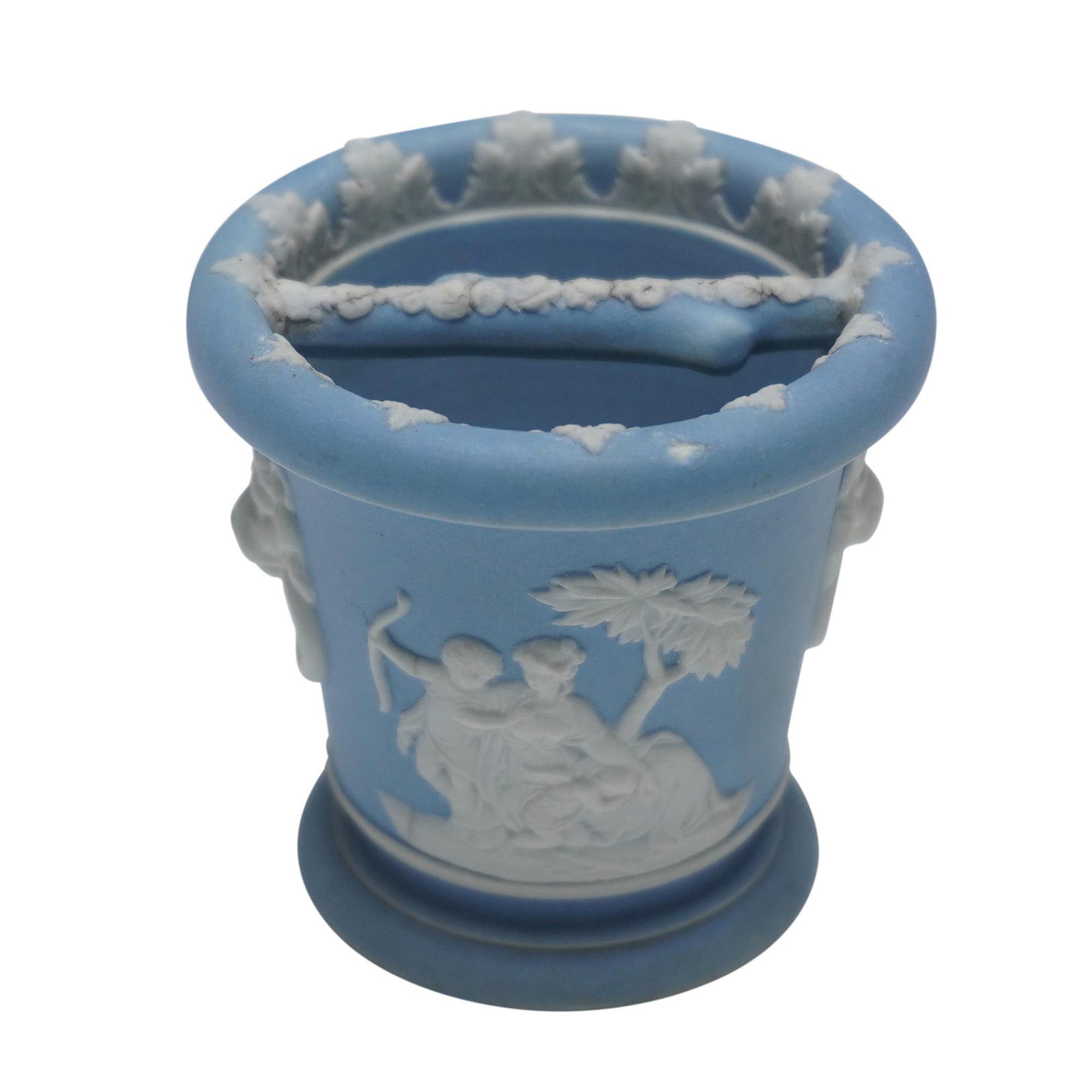 Wedgwood Pale Blue Jasperware "Muses with Angel" Vase: Highly decorated blue light jasperware small planter or vase. Dimensions: 2.5"W x 2.5"H Country of Origin: England