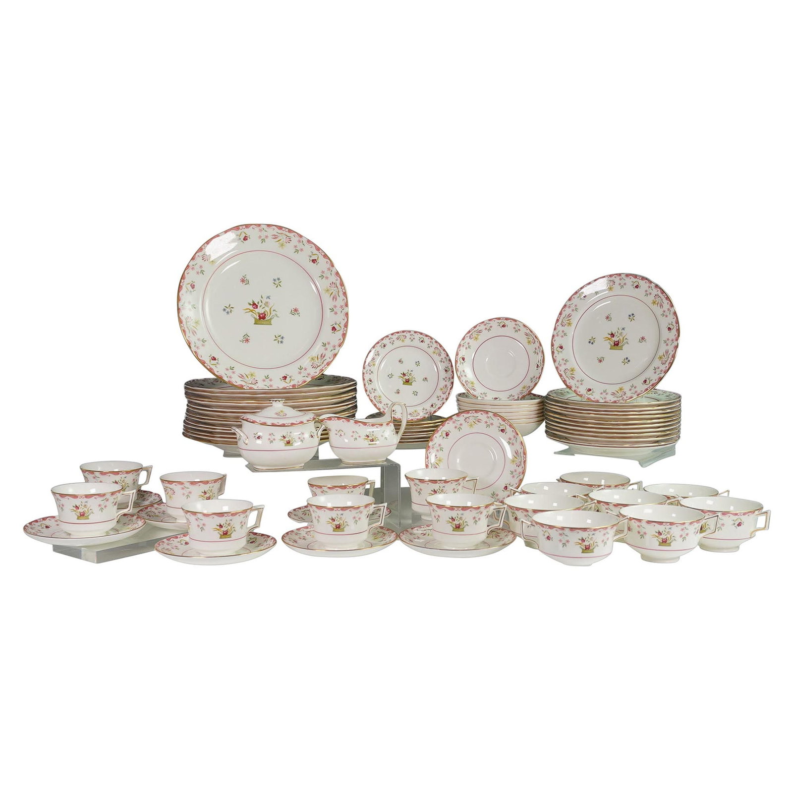 68pc Wedgwood Bone China Bianca Williamsburg Dinnerware Set: A 68-piece bone china dinnerware set by Wedgwood, made in England, in the Bianca pattern from the Colonial Williamsburg collection. This elegant floral design features delicate sprays of red, blue, an