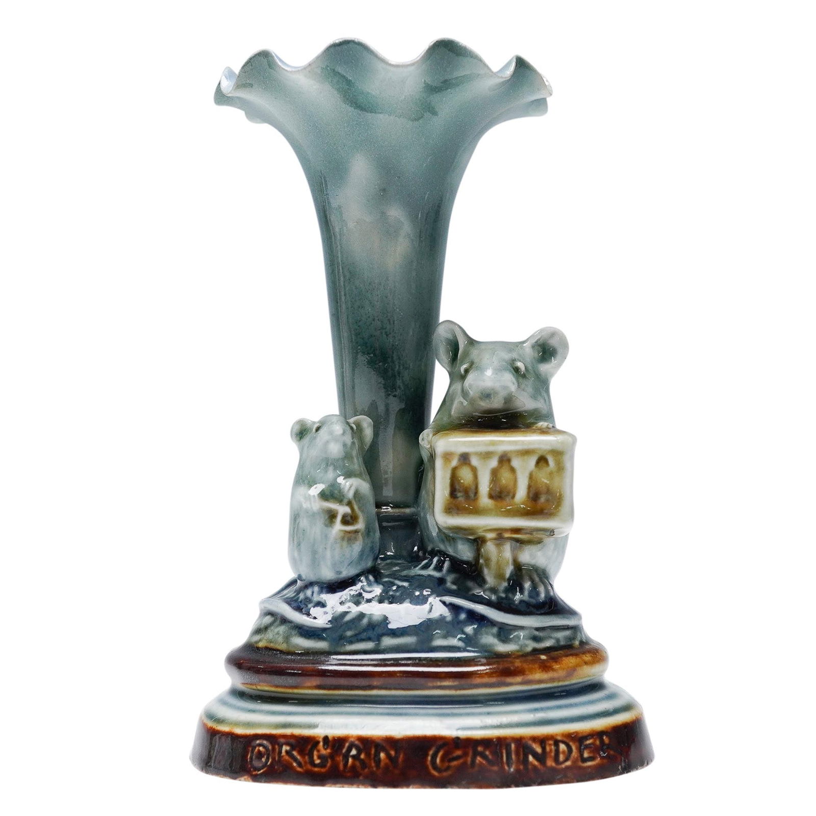 Royal Doulton George Tinworth Stoneware Vase, Organ Grinder and Triangle: Royal Doulton stoneware vase designed by George Tinworth, featuring a sculptural relief of two mice at the base, one operating an organ grinder and the other playing a triangle. The upper portion of t