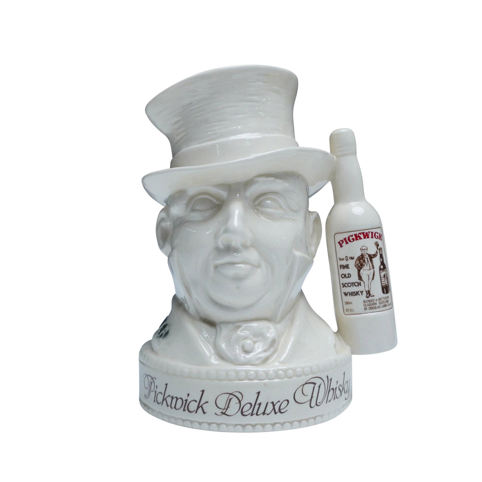 Royal Doulton Whisky Container, Mr. Micawber: Rare colorway Royal Doulton bottle liquor container for Pickwick Deluxe Whisky, featuring Mr. Micawber in an all-white finish with minimal color details. Commissioned for Pick-Kwik Wines and Spirits i
