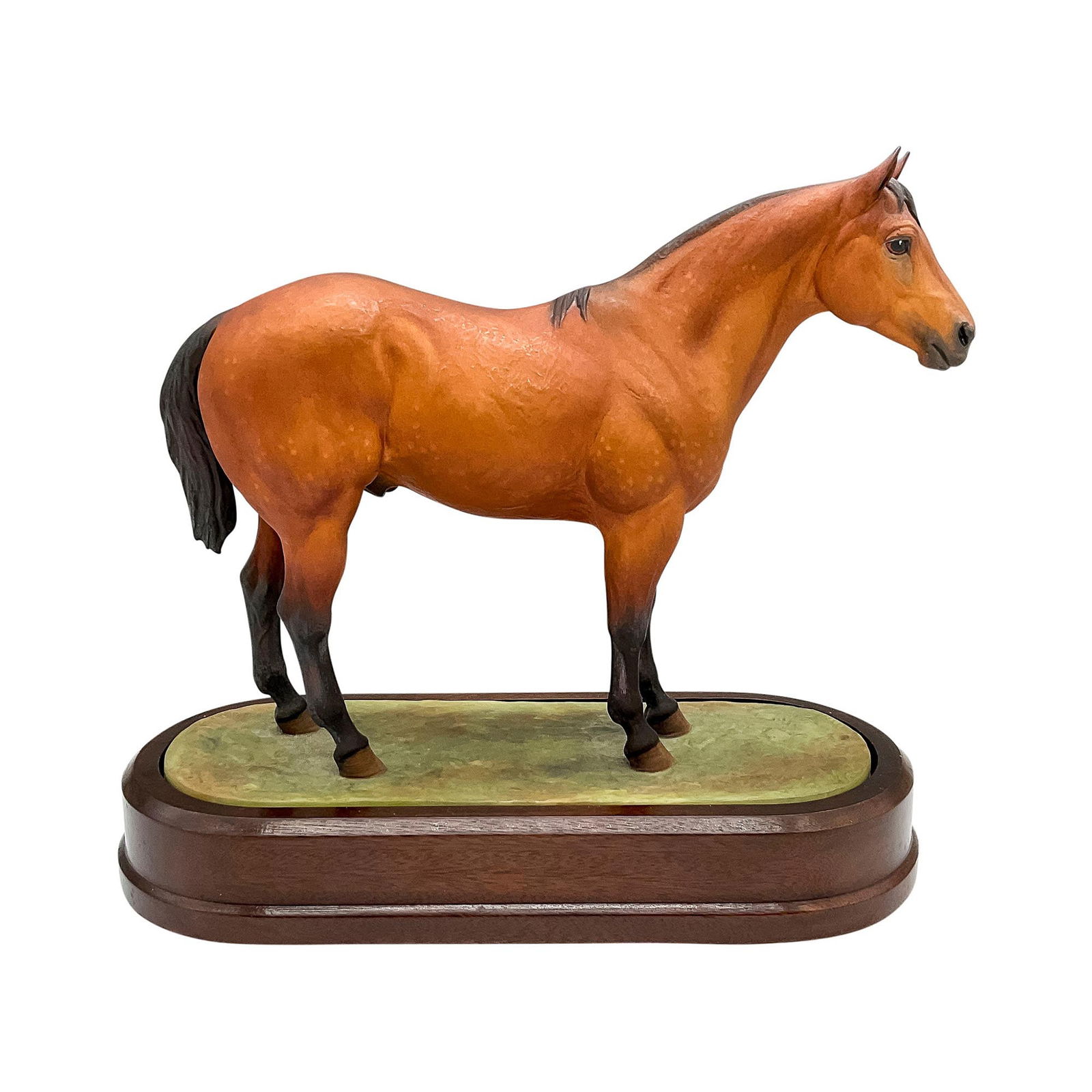 Royal Worcester Bone China Figurine, Quarter Horse: American Registered Quarter Horse; naturalistic hand painted equestrian figure of a brown horse. Royal Worcester backstamp. This item has a base included. Artist: Doris Linder Issued: 1962 Dimensions: