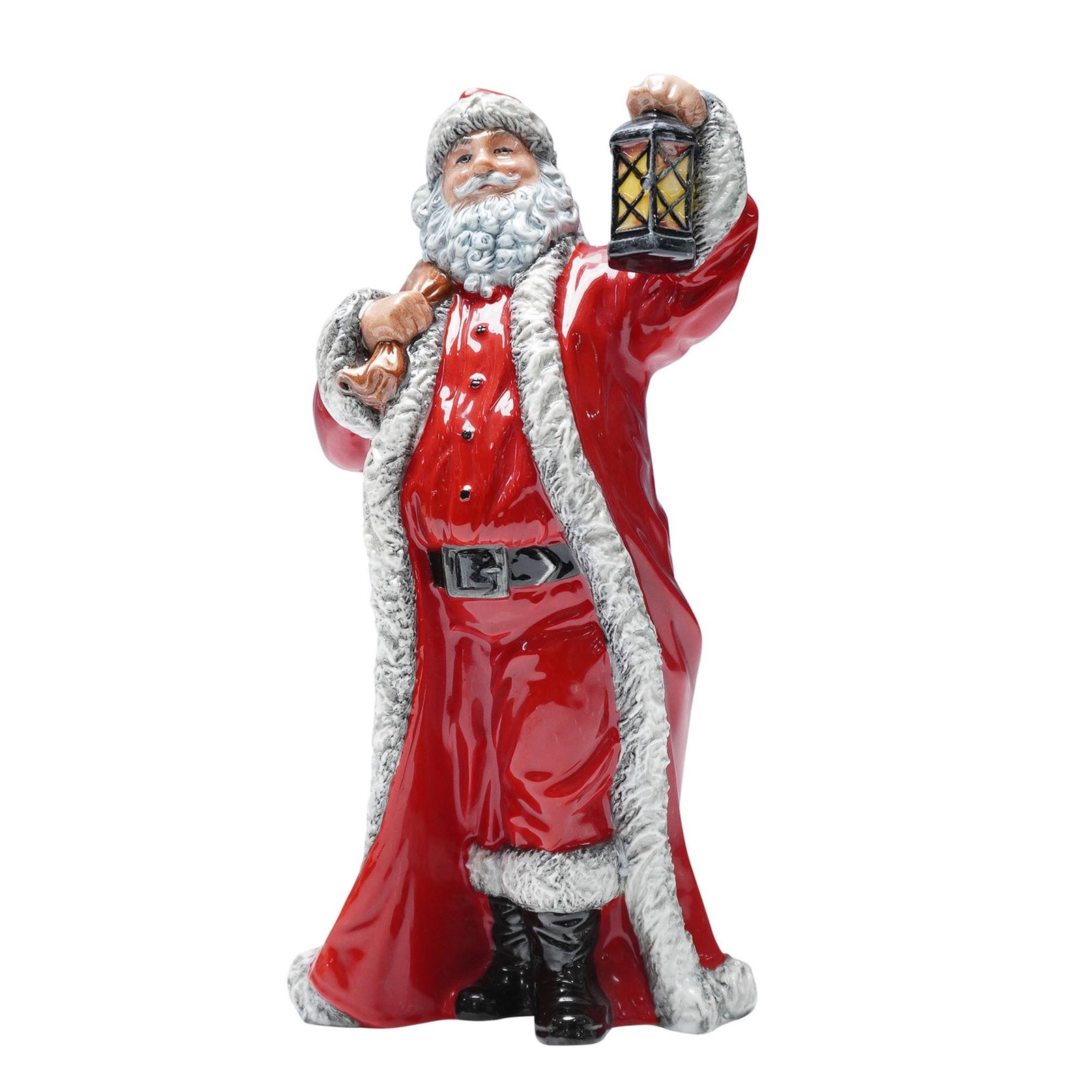 Royal Worcester Special Edition Figurine, Father Christmas CW865: Fine china figure depicts Father Christmas in traditional attire, holding a lantern in one hand and a staff over his shoulder, with a sack of gifts slung across his back. The figure features detailed 