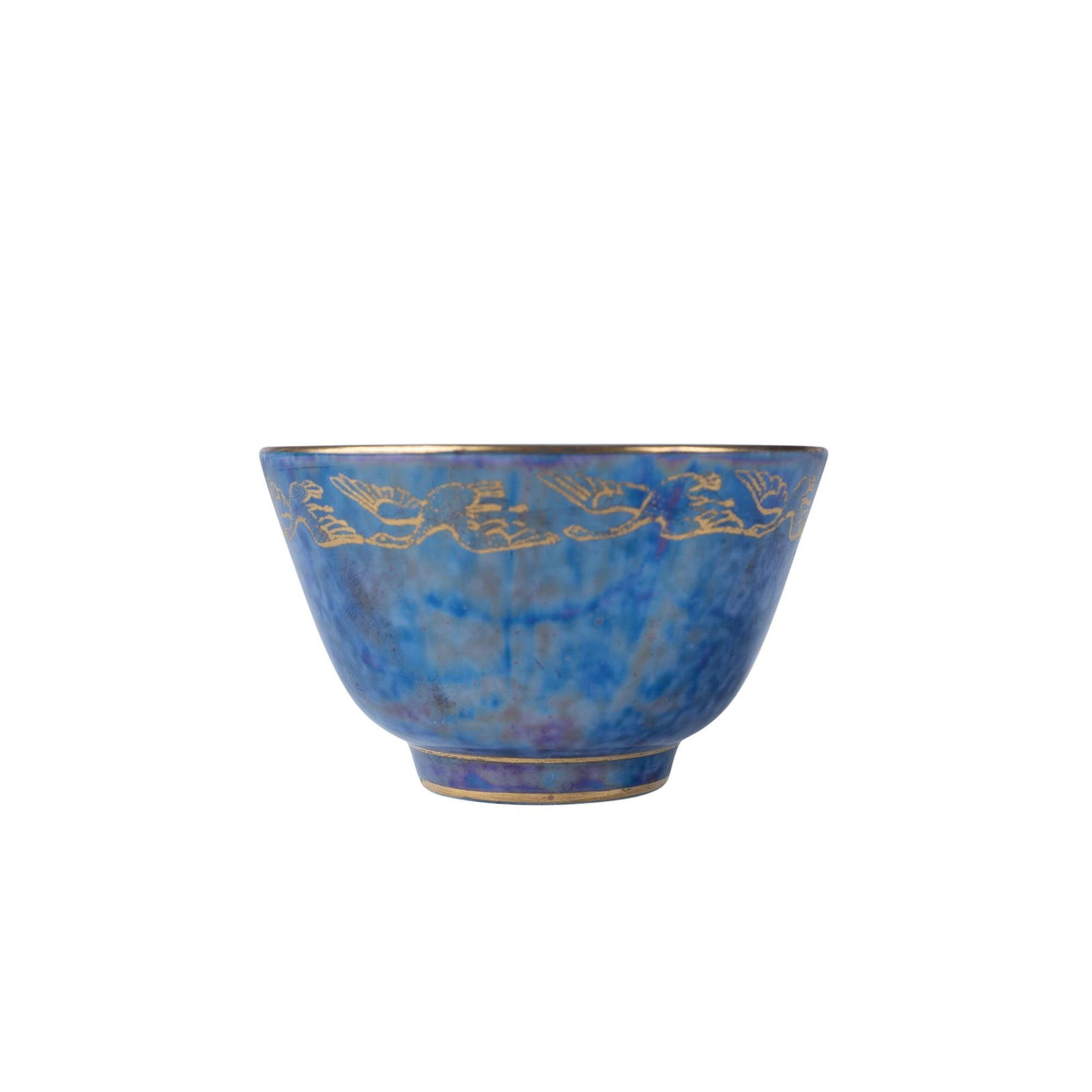 Wedgwood Fairyland Lustre Small Cup, Flying Humming Birds: This exquisite Wedgwood small cup features a blue mottled lustre exterior, accented by a delicate Flying Geese design in gold around the rim. The interior is adorned with a vibrant orange-crimson mott