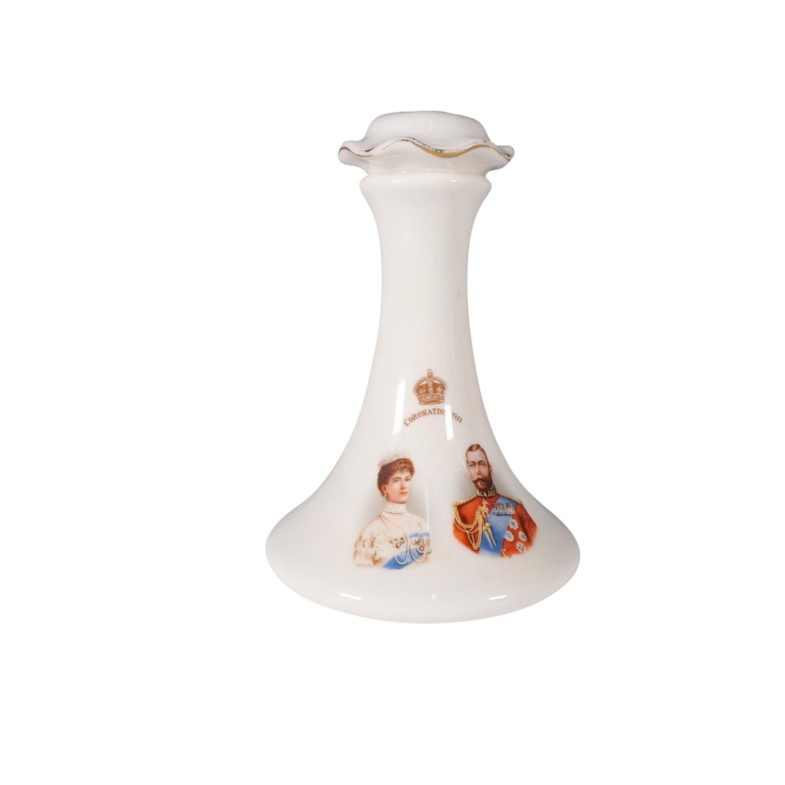 Royal Doulton 1911 Coronation Hat Pin Holder: Royal Doulton porcelain hat pin holder commemorating the coronation of King George V and Queen Mary in June 1911. The elegantly shaped piece features a portrait of the royal couple on one side and the