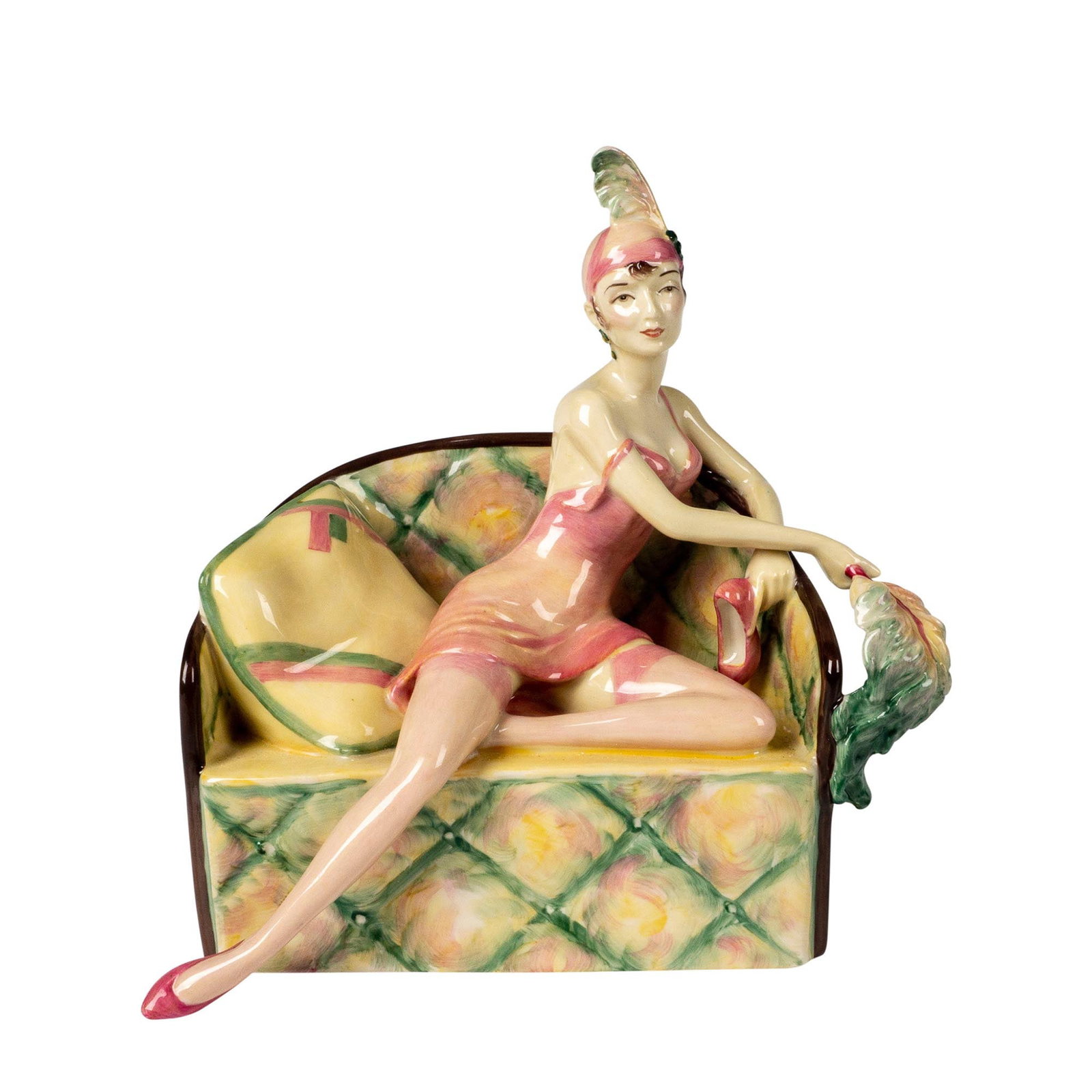Kevin Francis Ceramic Figurine, La Femme Fatal: Limited edition art deco style featuring a woman seated on a couch. Kevin Francis backstamp. Artist: Andy Moss Dimensions: 7.5"L x 4.5"W x 8"H Country of Origin: England