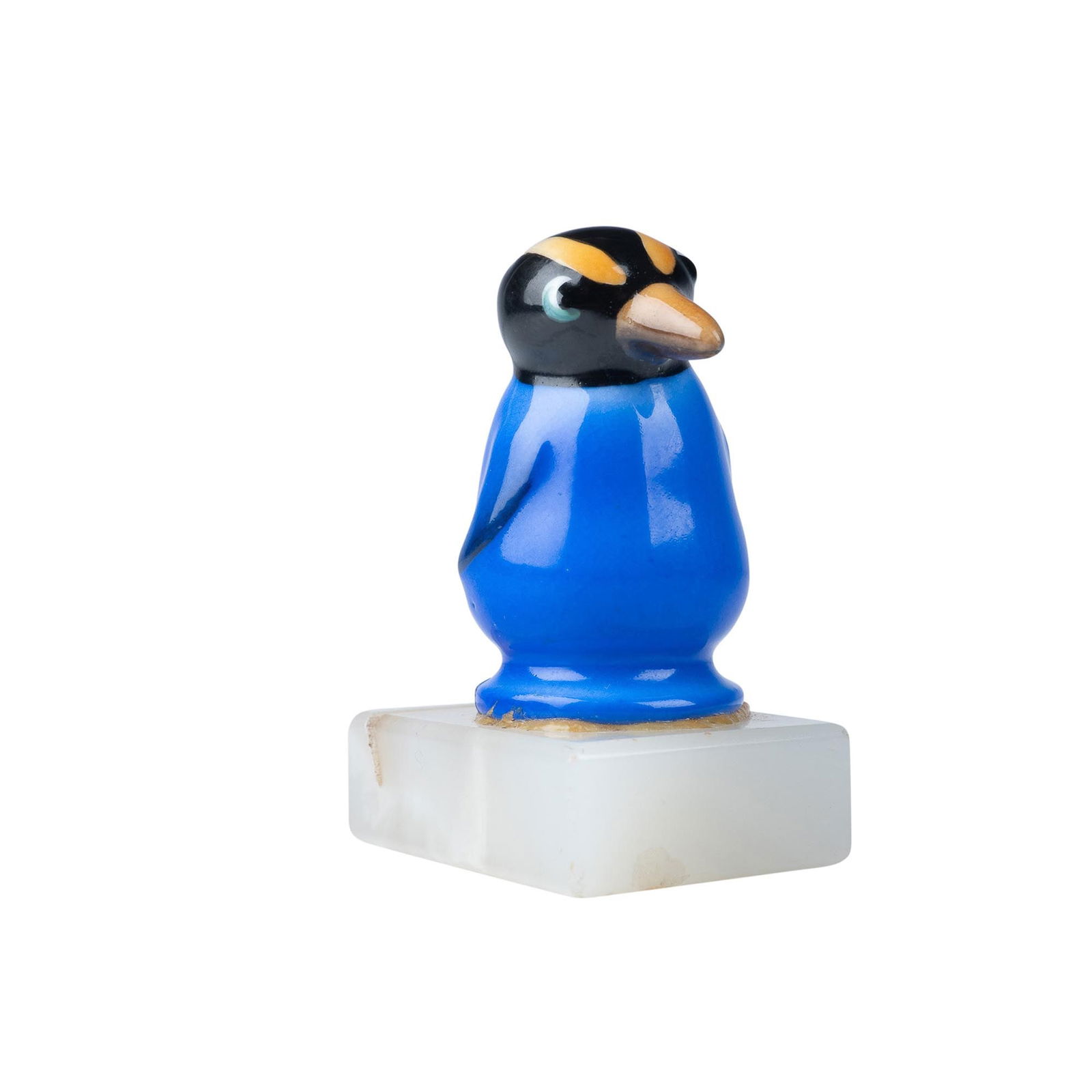 Doulton Card Holder Figurine, Character Bird-Style 10 HN292: Doulton Character Bird Style 10 figurine, featuring a striking blue body with black, orange, and yellow accents. This charming bird is mounted on a white onyx place card holder, adding an elegant and