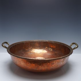 Large Hand Hammered Copper Bowl with Brass Handles