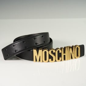 Moschino Designer Black Leather Buckle Logo Belt