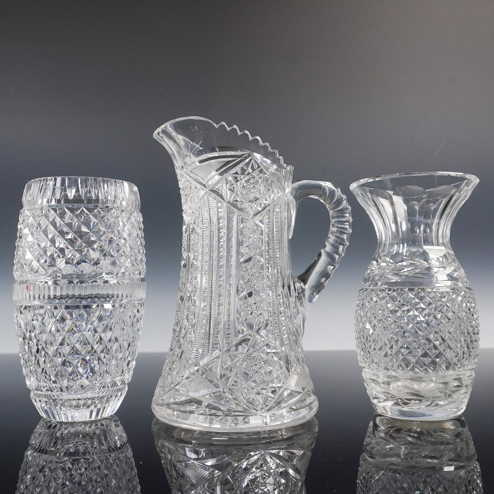 3pc Crystal and Glass Pitcher and Vases (1 of 3)