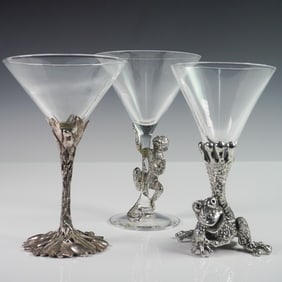 3pc Designer Martini Glasses, Arthur Court and Frank Wild