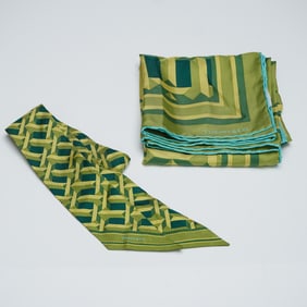 2pc Tiffany & Co. Silk Scarves in Green Geometric Patterns
