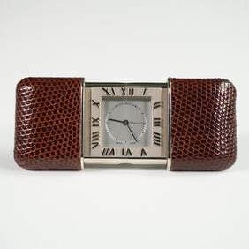 Tiffany & Co. Swiss-Made Travel Clock with Leather Case and Box