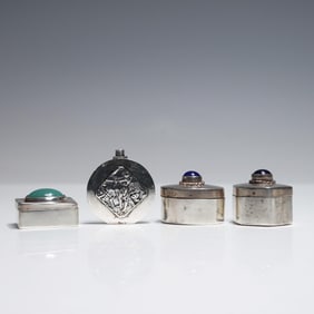 4pc Sterling Silver Pill Boxes and Miniature Flask