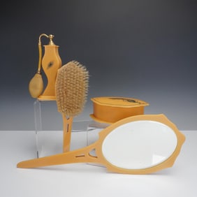 4pc Butterscotch Bakelite Vanity Set with Peacock Motif