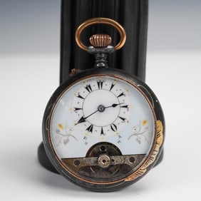 Antique Swiss 8-Day Pocket Watch with Enamel Dial and Visible Escapement