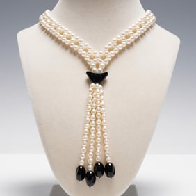Freshwater Pearl Torsade Necklace with Onyx Accents and 925 Silver Clasp