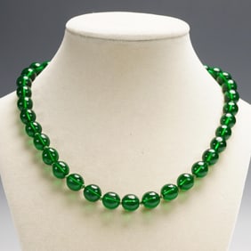 Green Glass Bead Necklace with Gold-Tone Clasp