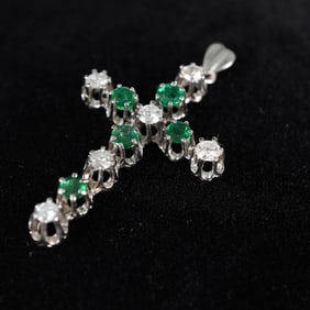 White Gold Cross with Diamonds and Emeralds