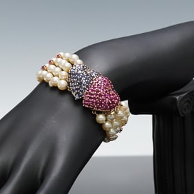 14K Pearl Bracelet with Ruby Amethyst Heart Clasp