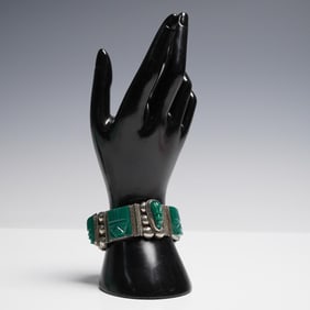 Vintage Mexican Link Bracelet, Marked Alpaca with Carved Green Faces