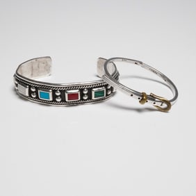 2pc Mexico 925 Silver Bracelet Set, Belt and Multicolor Cuff