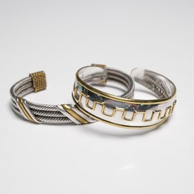 2pc Mexican Sterling Cuff Bracelets with Gold Tone Accents