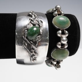 2pc Silver Bracelet Set, Sterling Cuff and Mexico Silver Link