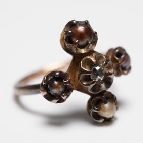 10K Gold Ring with Old Cut Diamond and Seed Pearls, Size 3